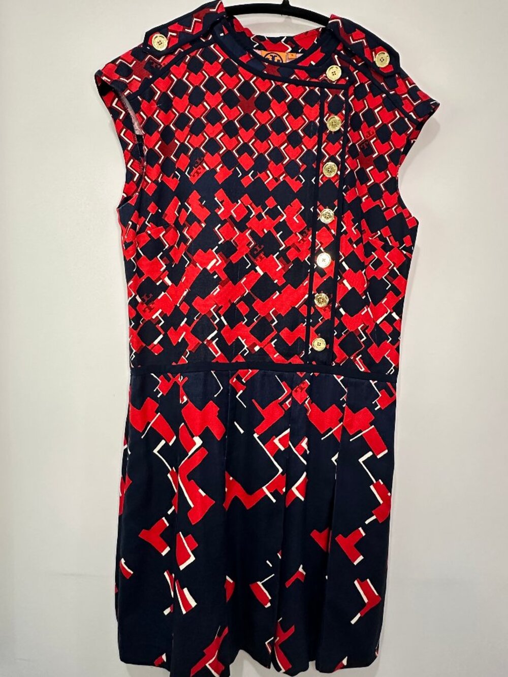 Tory Burch Truman Silk Pleated Geometric Tile Dress Red Navy Size 12